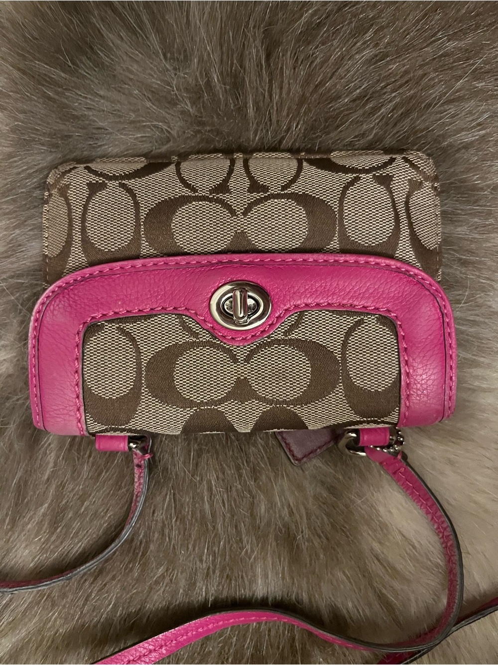 Coach Brown Signature Crossbody wallet with Pink Leather Trim